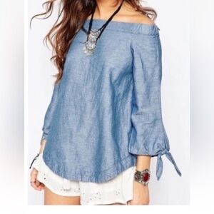 Free People Show Me Some Shoulder Chambray Cotton Linen Denim Off Shoulder Top